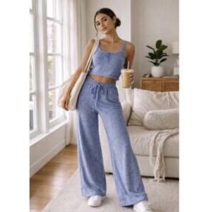 Zenana SOFT AND COZY 2PC SET Crop Tank and Lounge Wide Leg Pants Pockets NEW!